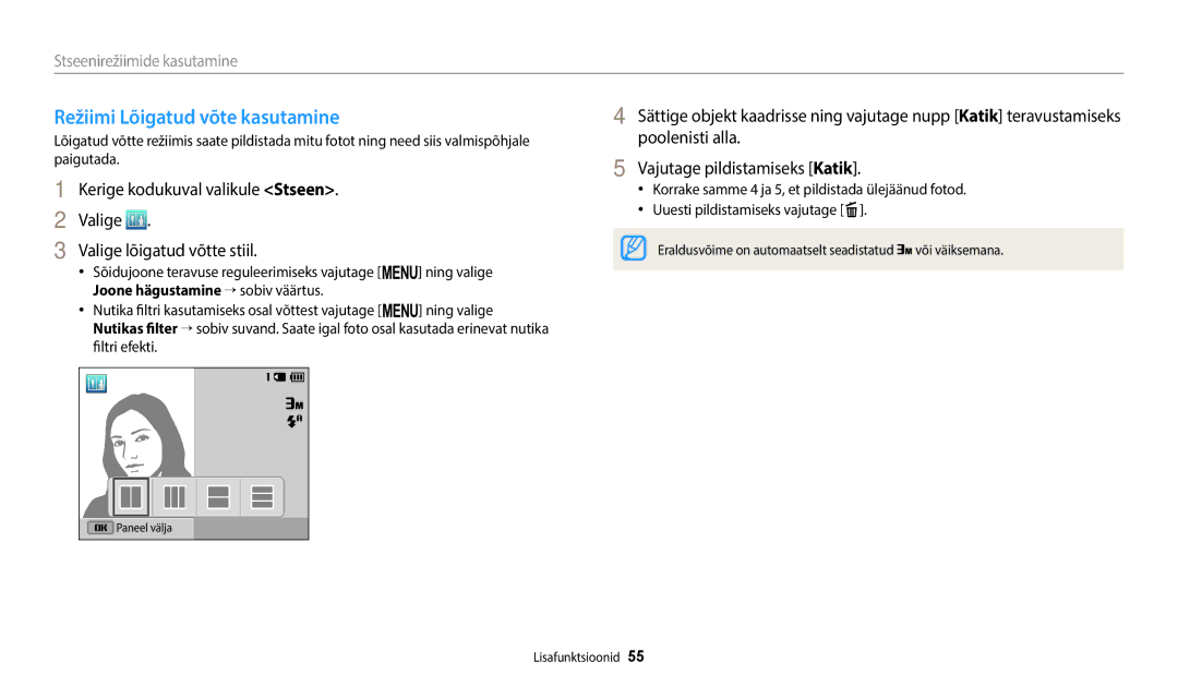 Samsung EC-ST150FBPWE2, EC-ST72ZZBPWE2, EC-ST72ZZBPBE2, EC-ST150FBPBE2, EC-ST72ZZBPLE2 manual Režiimi Lõigatud võte kasutamine 