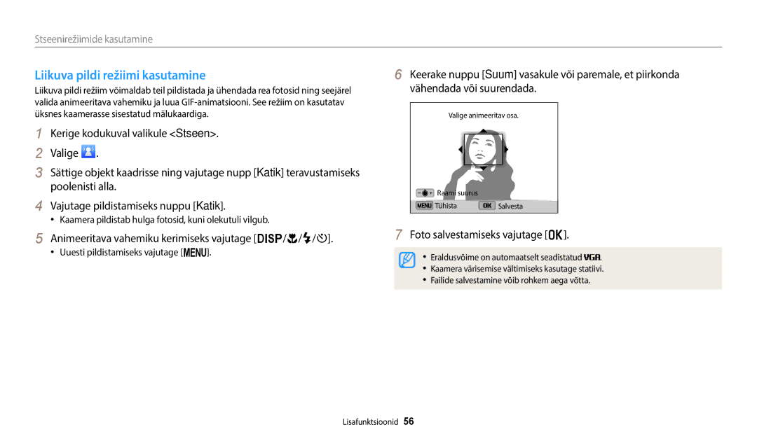 Samsung EC-ST72ZZBPBE2, EC-ST72ZZBPWE2 Liikuva pildi režiimi kasutamine, Animeeritava vahemiku kerimiseks vajutage D/c/F/t 