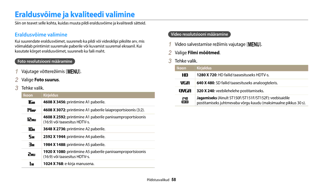 Samsung EC-ST72ZZBPLE2, EC-ST72ZZBPWE2 manual Eraldusvõime ja kvaliteedi valimine, Eraldusvõime valimine, Valige Foto suurus 