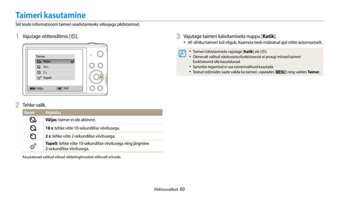 Samsung EC-ST150FBPWE2 manual Taimeri kasutamine, Vajutage võtterežiimis t, Vajutage taimeri käivitamiseks nuppu Katik 