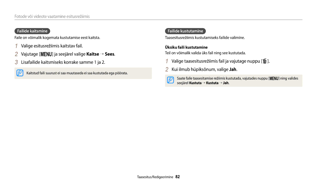 Samsung EC-ST150FBPBE2, EC-ST72ZZBPWE2, EC-ST150FBPWE2 Failide kaitsmine, Failide kustutamine, Üksiku faili kustutamine 