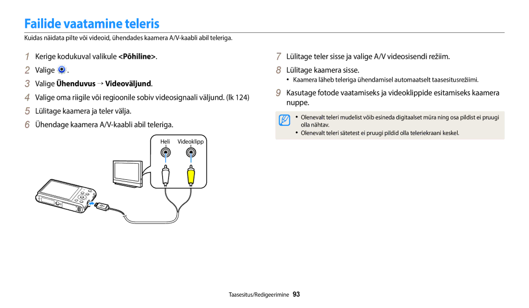 Samsung EC-ST72ZZBPLE2, EC-ST72ZZBPWE2, EC-ST150FBPWE2 manual Failide vaatamine teleris, Valige Ühenduvus → Videoväljund 