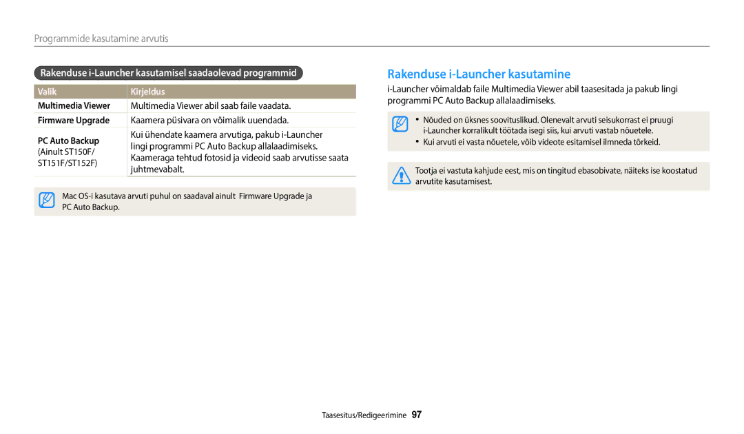 Samsung EC-ST150FBPBE2 manual Rakenduse i-Launcher kasutamine, Rakenduse i-Launcher kasutamisel saadaolevad programmid 