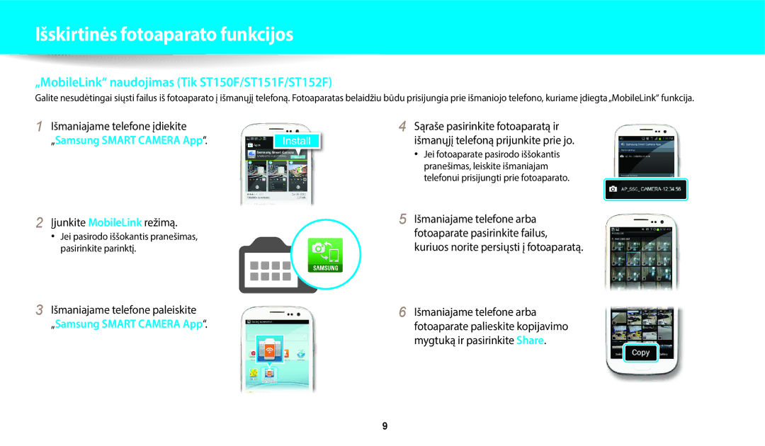 Samsung EC-ST72ZZBPWE2, EC-ST150FBPWE2 manual „MobileLink naudojimas Tik ST150F/ST151F/ST152F, Įjunkite MobileLink režimą 