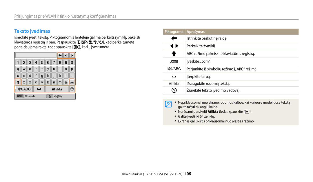 Samsung EC-ST150FBPWE2, EC-ST72ZZBPWE2, EC-ST72ZZBPBE2, EC-ST150FBPBE2, EC-ST72ZZBPLE2 manual Teksto įvedimas 