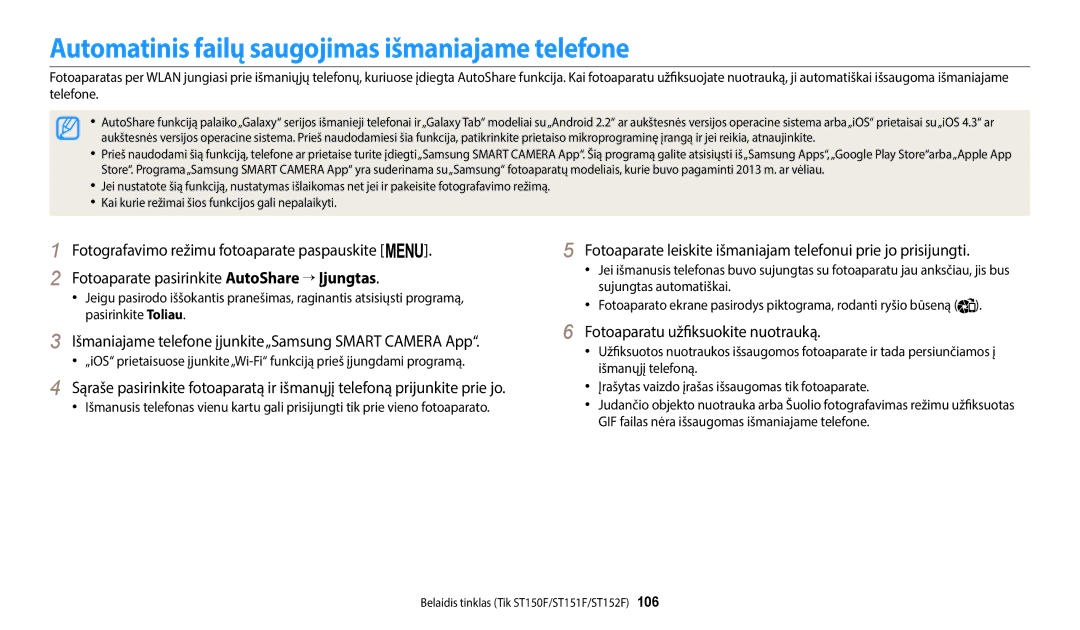 Samsung EC-ST72ZZBPBE2 manual Automatinis failų saugojimas išmaniajame telefone, Fotoaparatu užfiksuokite nuotrauką 