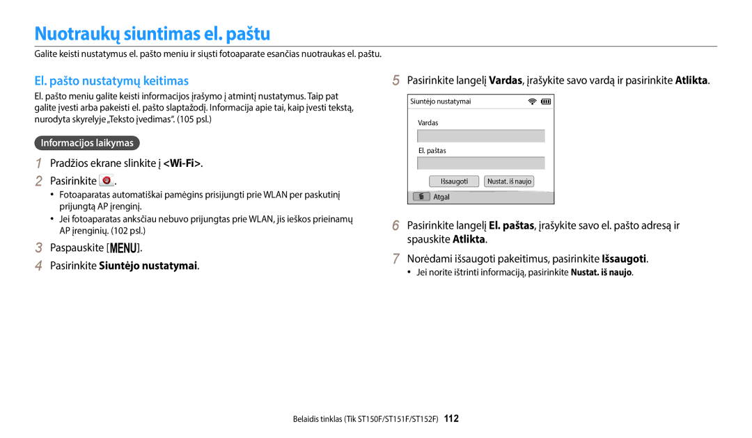 Samsung EC-ST150FBPBE2 manual Nuotraukų siuntimas el. paštu, El. pašto nustatymų keitimas, Pasirinkite Siuntėjo nustatymai 