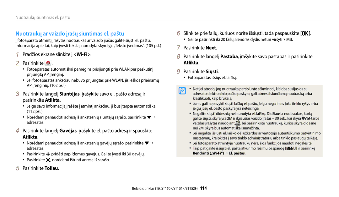 Samsung EC-ST72ZZBPWE2, EC-ST150FBPWE2 manual Nuotraukų ar vaizdo įrašų siuntimas el. paštu, Atlikta, Pasirinkite Siųsti 