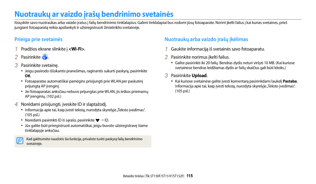 Samsung EC-ST150FBPWE2 manual Nuotraukų ar vaizdo įrašų bendrinimo svetainės, Prieiga prie svetainės, Pasirinkite Upload 