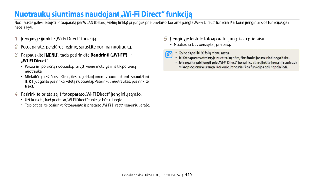 Samsung EC-ST150FBPWE2 Nuotraukų siuntimas naudojant„Wi-Fi Direct funkciją, Įrenginyje įjunkite„Wi-Fi Direct funkciją 