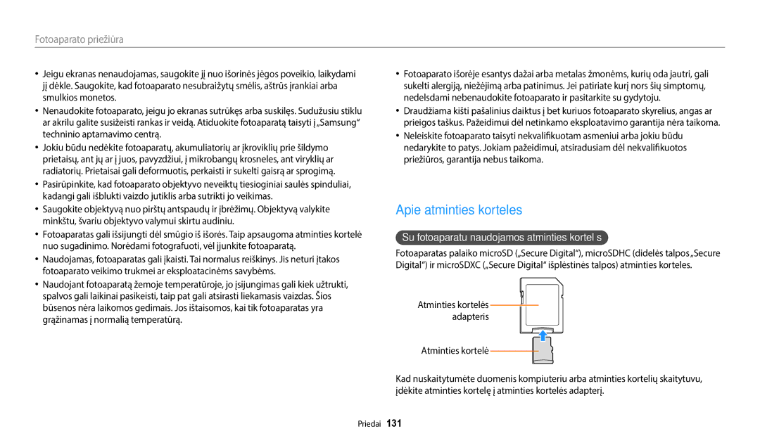 Samsung EC-ST72ZZBPBE2, EC-ST72ZZBPWE2 manual Apie atminties korteles, Su fotoaparatu naudojamos atminties kortelės 