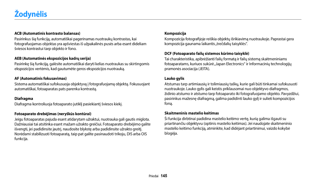 Samsung EC-ST150FBPWE2, EC-ST72ZZBPWE2, EC-ST72ZZBPBE2, EC-ST150FBPBE2, EC-ST72ZZBPLE2 manual Žodynėlis 