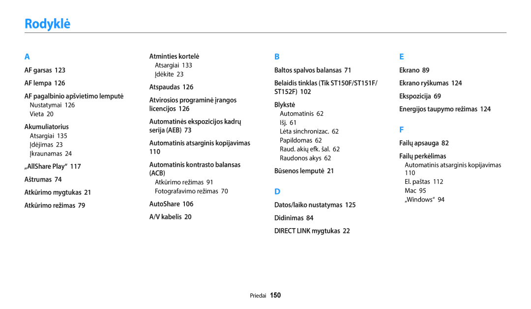 Samsung EC-ST150FBPWE2, EC-ST72ZZBPWE2, EC-ST72ZZBPBE2 Rodyklė, Nustatymai Vieta, Atkūrimo režimas Fotografavimo režimas 