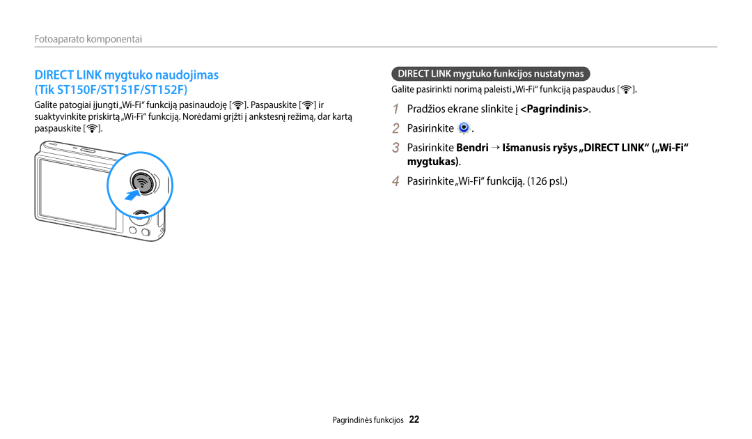 Samsung EC-ST150FBPBE2, EC-ST72ZZBPWE2 Pradžios ekrane slinkite į Pagrindinis Pasirinkite, Pasirinkite„Wi-Fi funkciją psl 