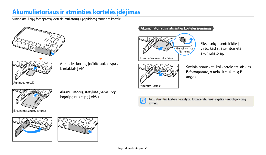 Samsung EC-ST72ZZBPLE2 Akumuliatoriaus ir atminties kortelės įdėjimas, Akumuliatoriaus ir atminties kortelės išėmimas 