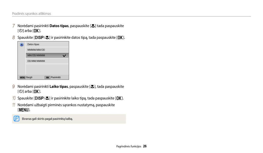 Samsung EC-ST72ZZBPBE2, EC-ST72ZZBPWE2, EC-ST150FBPWE2, EC-ST150FBPBE2, EC-ST72ZZBPLE2 manual Pradinės sąrankos atlikimas 