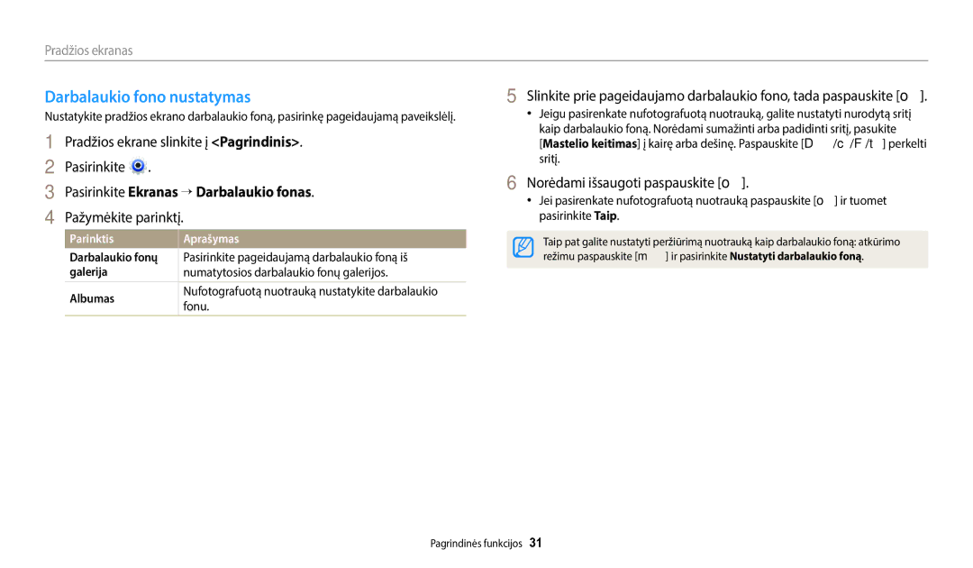 Samsung EC-ST72ZZBPBE2 manual Darbalaukio fono nustatymas, Pasirinkite Ekranas → Darbalaukio fonas, Pažymėkite parinktį 