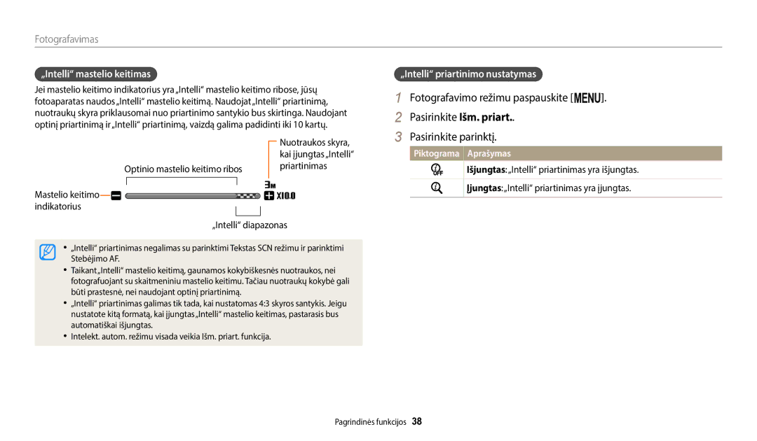 Samsung EC-ST72ZZBPLE2 manual Pasirinkite Išm. priart, „Intelli mastelio keitimas, „Intelli priartinimo nustatymas 