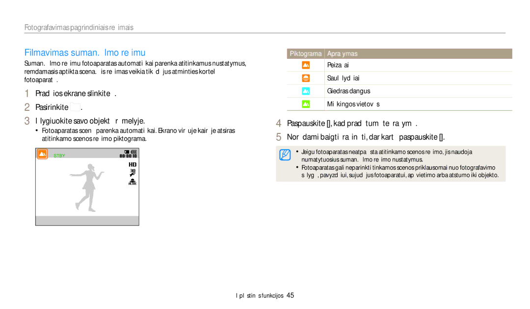 Samsung EC-ST150FBPWE2 manual Filmavimas suman. filmo režimu, Peizažai Saulėlydžiai Giedras dangus Miškingos vietovės 