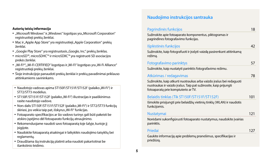 Samsung EC-ST150FBPWE2, EC-ST72ZZBPWE2 manual Naudojimo instrukcijos santrauka, 101, 121, 127, Autorių teisių informacija 