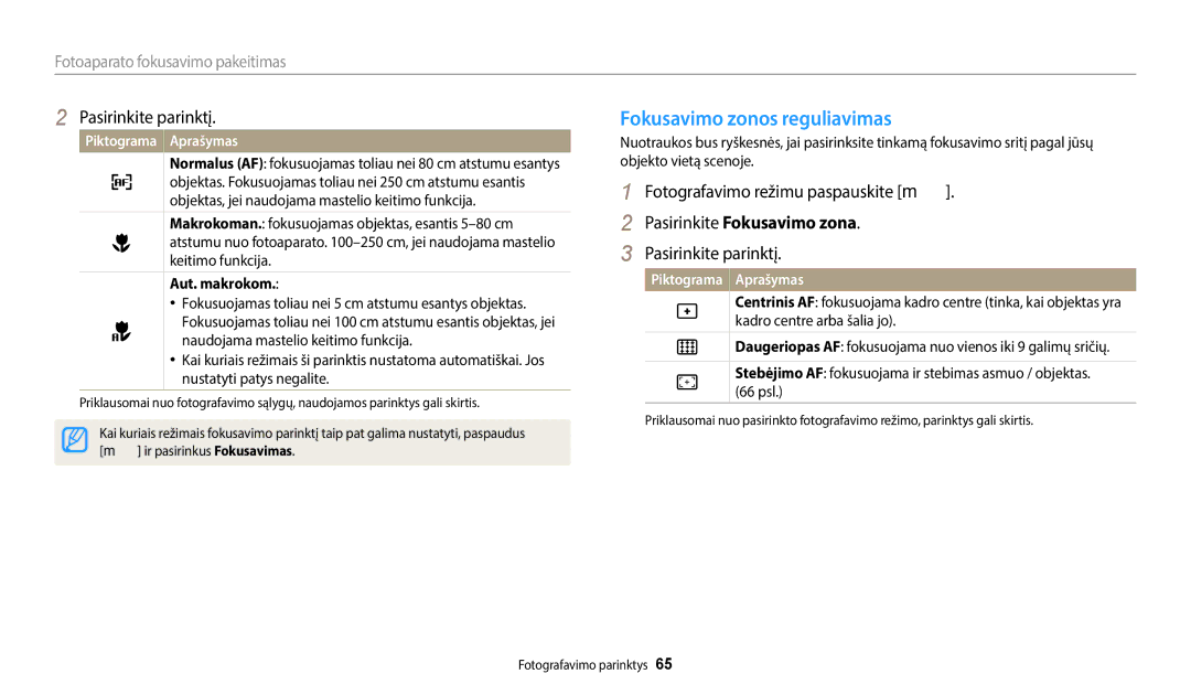 Samsung EC-ST150FBPWE2, EC-ST72ZZBPWE2 manual Fokusavimo zonos reguliavimas, Pasirinkite Fokusavimo zona, Aut. makrokom 