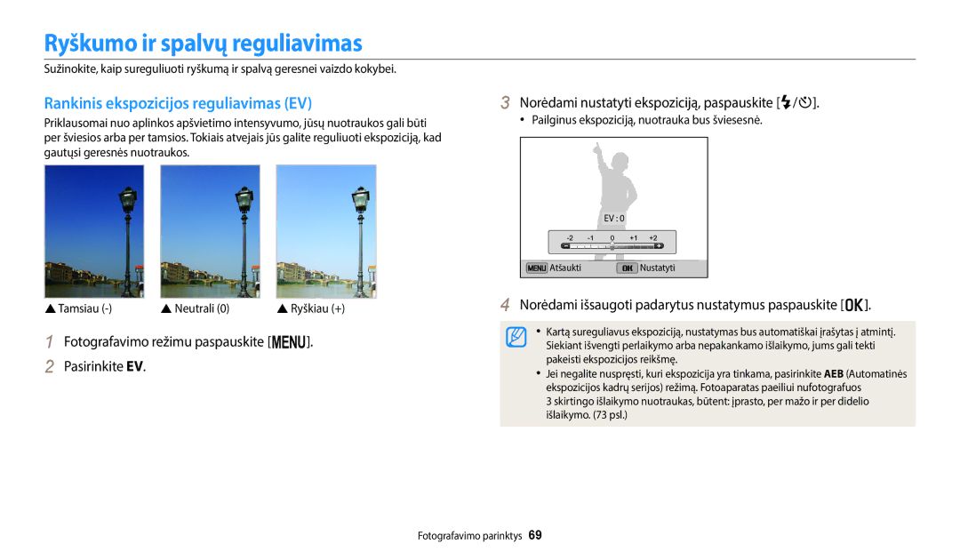 Samsung EC-ST72ZZBPWE2, EC-ST150FBPWE2 manual Ryškumo ir spalvų reguliavimas, Rankinis ekspozicijos reguliavimas EV 