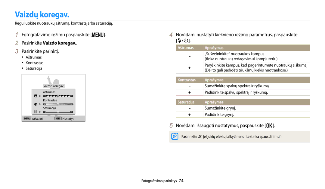 Samsung EC-ST72ZZBPWE2, EC-ST150FBPWE2 manual Vaizdų koregav, Pasirinkite Vaizdo koregav, Aštrumas, Kontrastas, Saturacija 