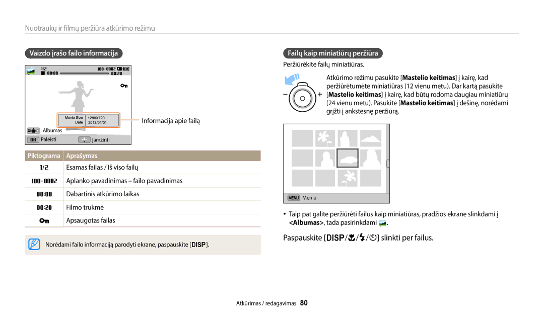 Samsung EC-ST150FBPWE2, EC-ST72ZZBPWE2 manual Paspauskite D/c/F/t slinkti per failus, Vaizdo įrašo failo informacija 