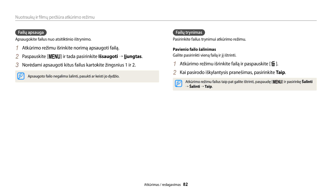 Samsung EC-ST150FBPBE2, EC-ST72ZZBPWE2, EC-ST150FBPWE2 manual Failų apsauga, Failų trynimas, Pavienio failo šalinimas 