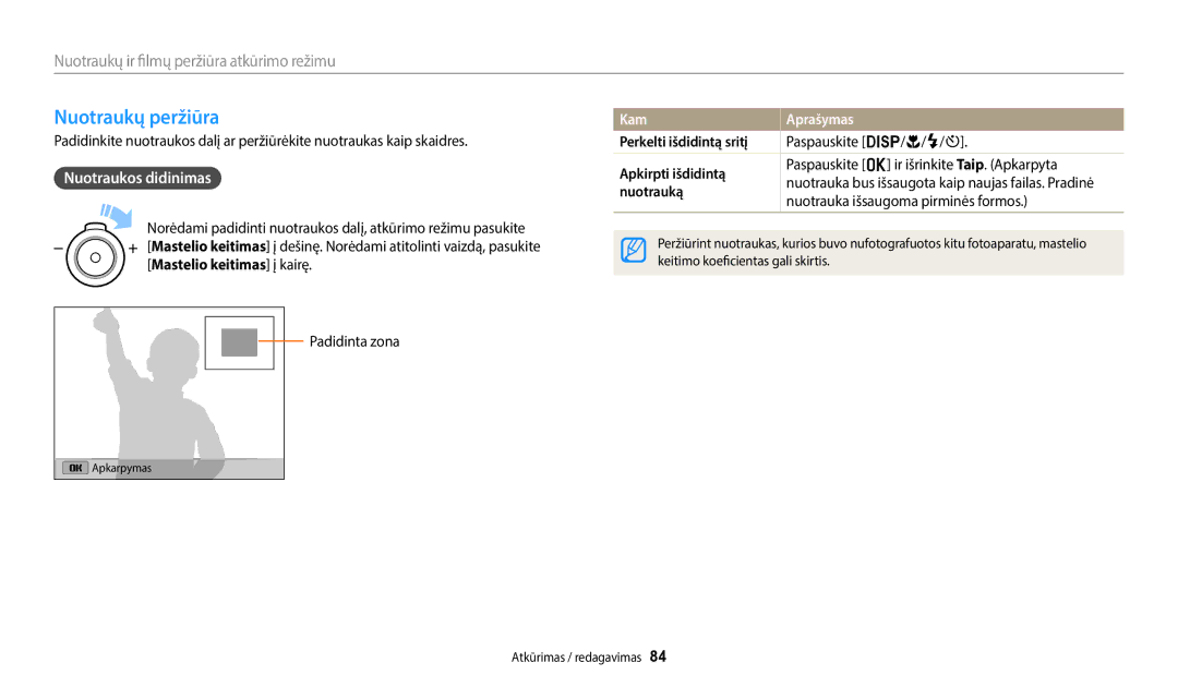 Samsung EC-ST72ZZBPWE2, EC-ST150FBPWE2, EC-ST72ZZBPBE2 manual Nuotraukų peržiūra, Nuotraukos didinimas, Kam Aprašymas 