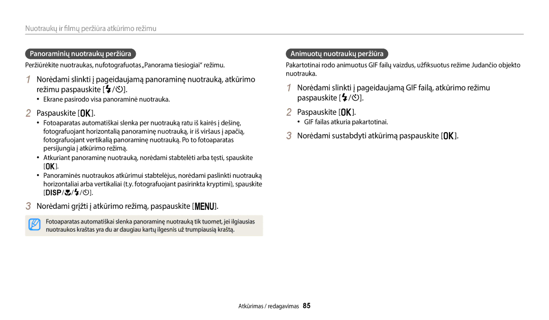 Samsung EC-ST150FBPWE2 Paspauskite o, Norėdami grįžti į atkūrimo režimą, paspauskite m, Panoraminių nuotraukų peržiūra 