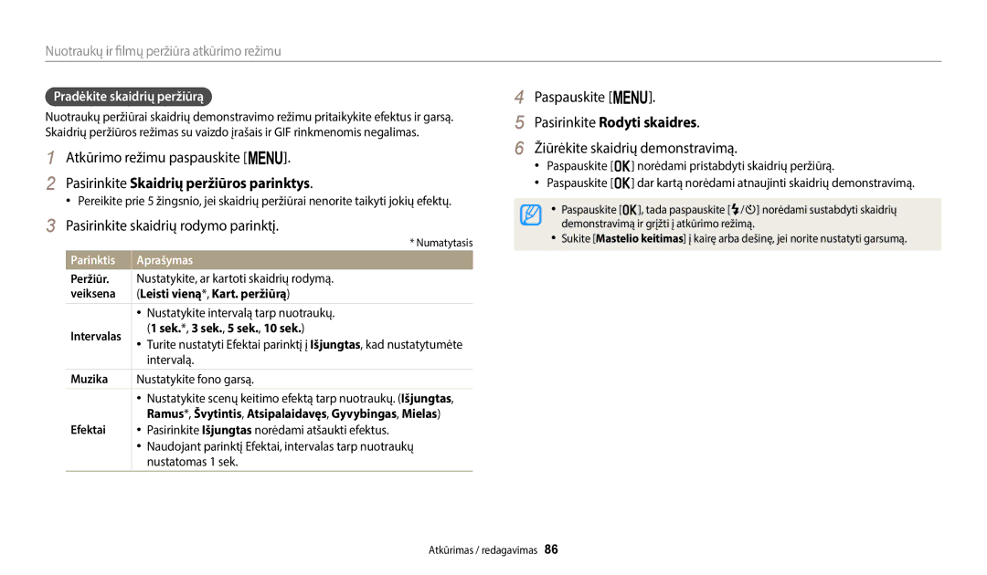 Samsung EC-ST72ZZBPBE2, EC-ST72ZZBPWE2 manual Pasirinkite Skaidrių peržiūros parinktys, Pasirinkite skaidrių rodymo parinktį 