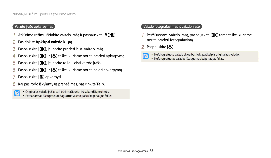 Samsung EC-ST72ZZBPLE2 manual Atkūrimo režimu išrinkite vaizdo įrašą ir paspauskite m, Pasirinkite Apkirpti vaizdo klipą 