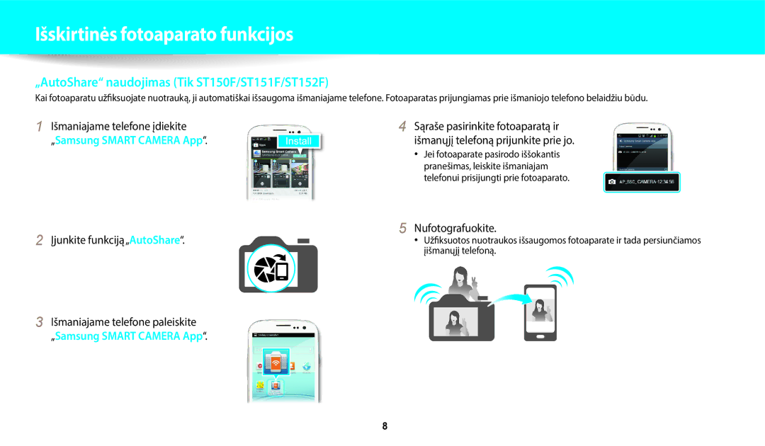 Samsung EC-ST72ZZBPLE2, EC-ST72ZZBPWE2 manual Išmaniajame telefone įdiekite, Įjunkite funkciją„AutoShare, Nufotografuokite 