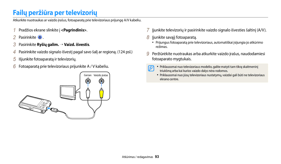 Samsung EC-ST72ZZBPLE2, EC-ST72ZZBPWE2 manual Failų peržiūra per televizorių, Pasirinkite Ryšių galim. → Vaizd. išvestis 