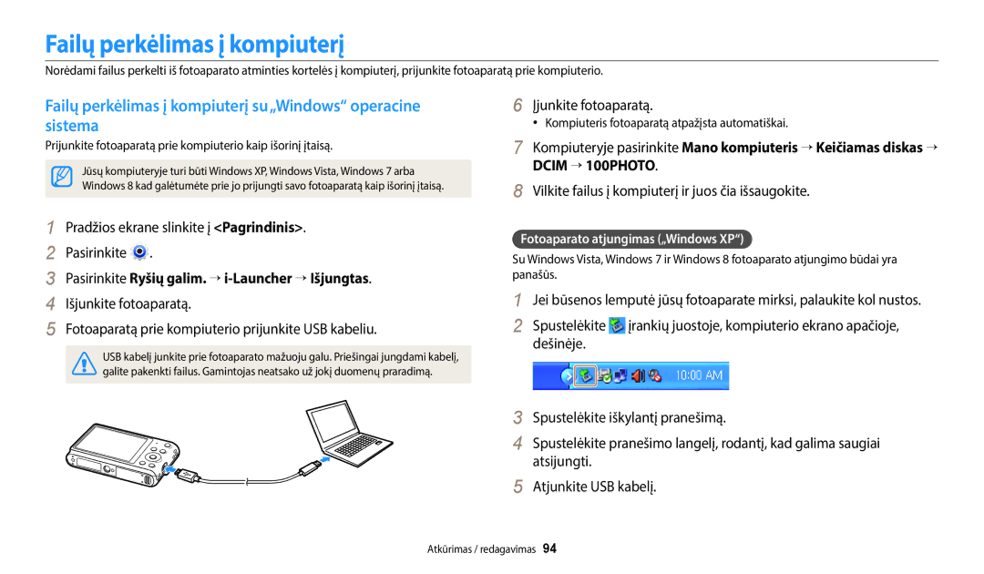 Samsung EC-ST72ZZBPWE2 manual Failų perkėlimas į kompiuterį su„Windows operacine sistema, Įjunkite fotoaparatą 