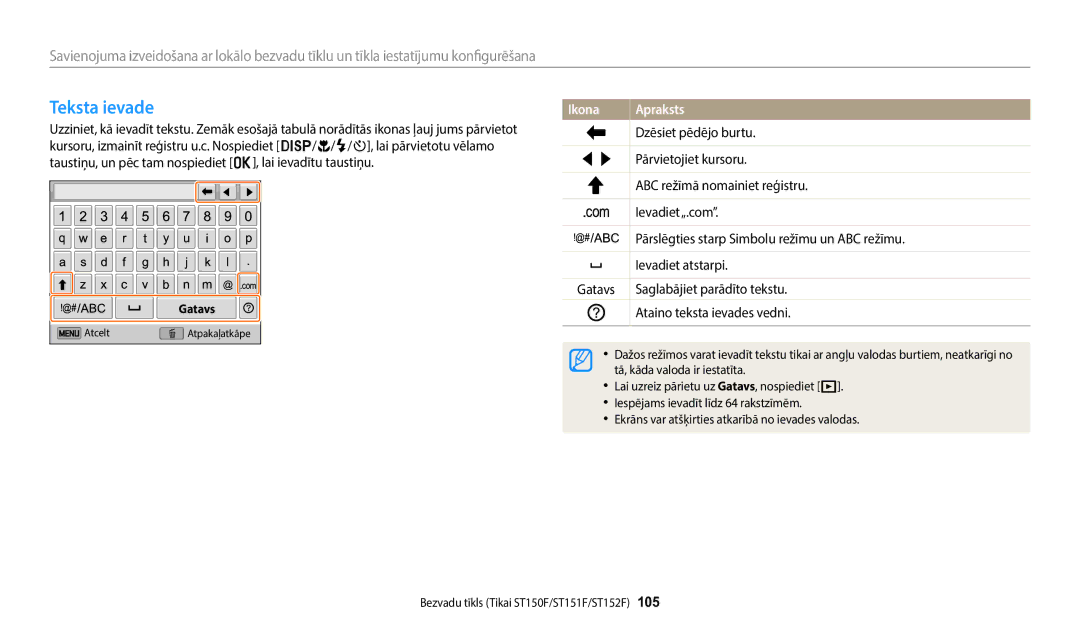 Samsung EC-ST150FBPWE2, EC-ST72ZZBPWE2, EC-ST72ZZBPBE2, EC-ST150FBPBE2, EC-ST72ZZBPLE2 manual Teksta ievade 