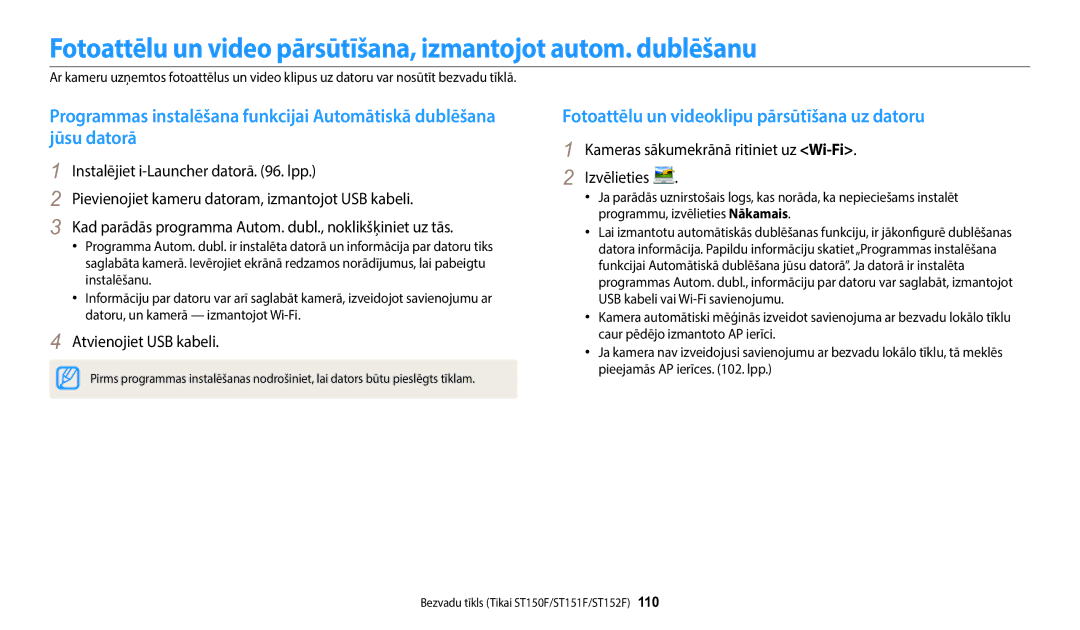 Samsung EC-ST150FBPWE2 Fotoattēlu un videoklipu pārsūtīšana uz datoru, Kameras sākumekrānā ritiniet uz Wi-Fi Izvēlieties 