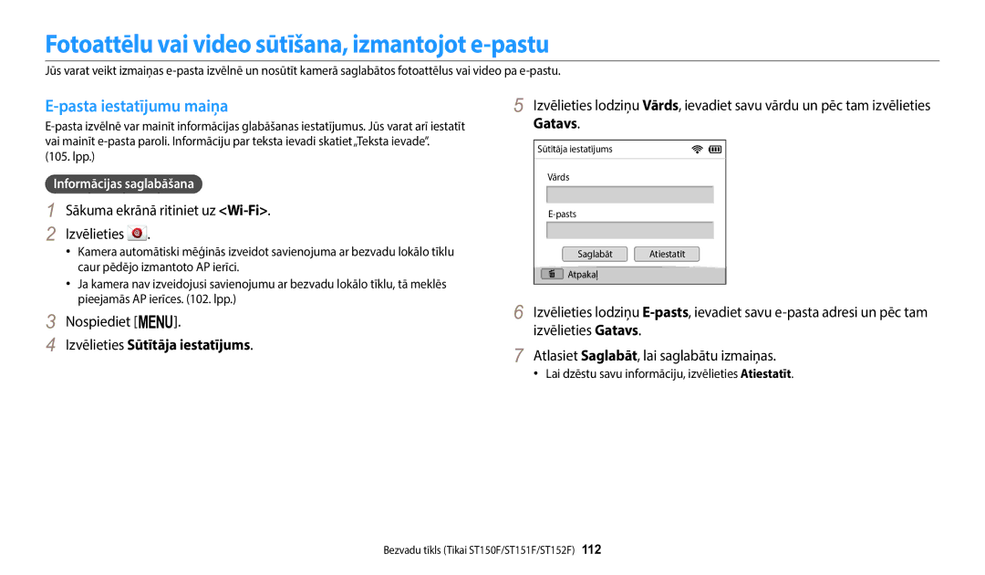 Samsung EC-ST150FBPBE2, EC-ST72ZZBPWE2 manual Fotoattēlu vai video sūtīšana, izmantojot e-pastu, Pasta iestatījumu maiņa 