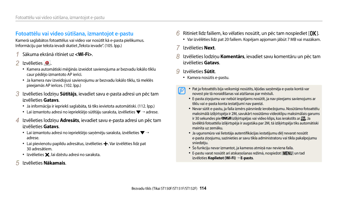 Samsung EC-ST72ZZBPWE2, EC-ST150FBPWE2 manual Fotoattēlu vai video sūtīšana, izmantojot e-pastu, Kamera nosūtīs e-pastu 