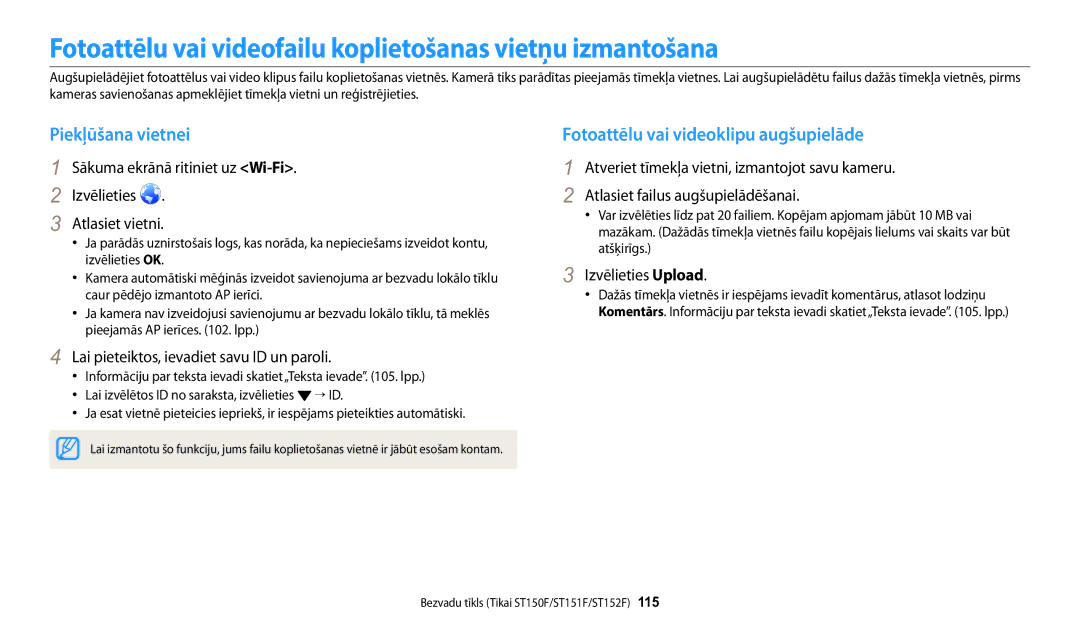 Samsung EC-ST150FBPWE2, EC-ST72ZZBPWE2 manual Fotoattēlu vai videofailu koplietošanas vietņu izmantošana, Piekļūšana vietnei 