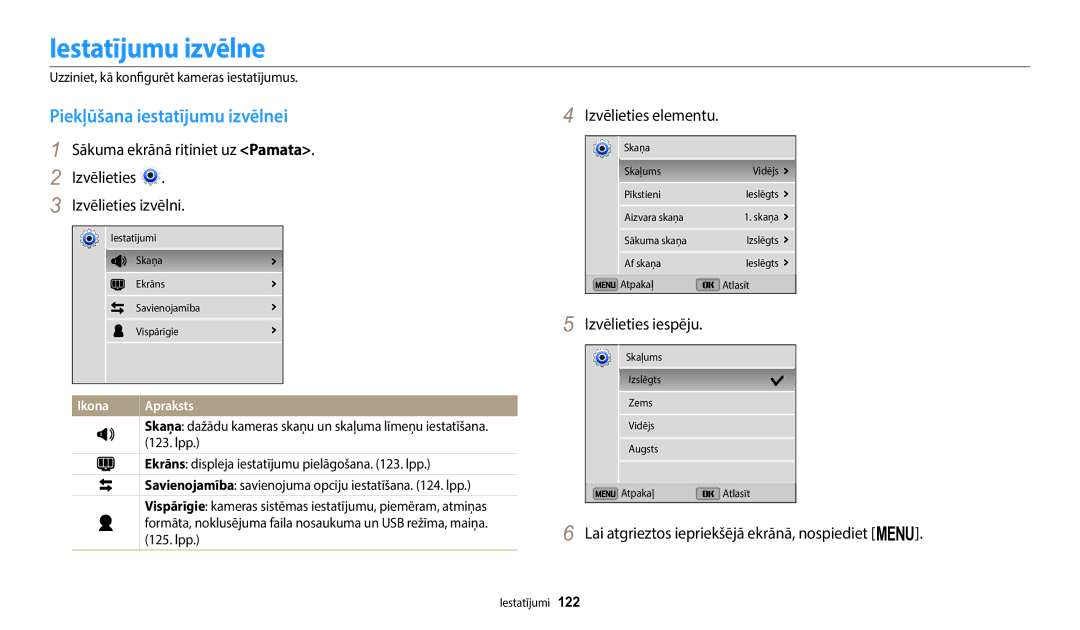 Samsung EC-ST150FBPBE2, EC-ST72ZZBPWE2 manual Iestatījumu izvēlne, Piekļūšana iestatījumu izvēlnei, Izvēlieties elementu 