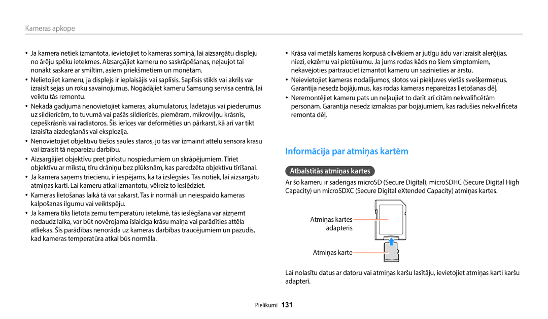 Samsung EC-ST72ZZBPBE2, EC-ST72ZZBPWE2, EC-ST150FBPWE2 manual Informācija par atmiņas kartēm, Atbalstītās atmiņas kartes 