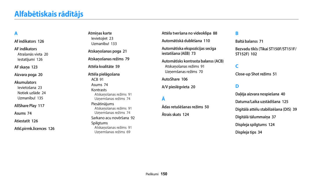 Samsung EC-ST150FBPWE2, EC-ST72ZZBPWE2, EC-ST72ZZBPBE2, EC-ST150FBPBE2, EC-ST72ZZBPLE2 manual Alfabētiskais rādītājs 