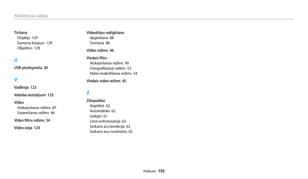 Samsung EC-ST72ZZBPLE2, EC-ST72ZZBPWE2, EC-ST150FBPWE2 manual Displejs 129 Kameras korpuss 129 Objektīvs, Apgriešana Tveršana 