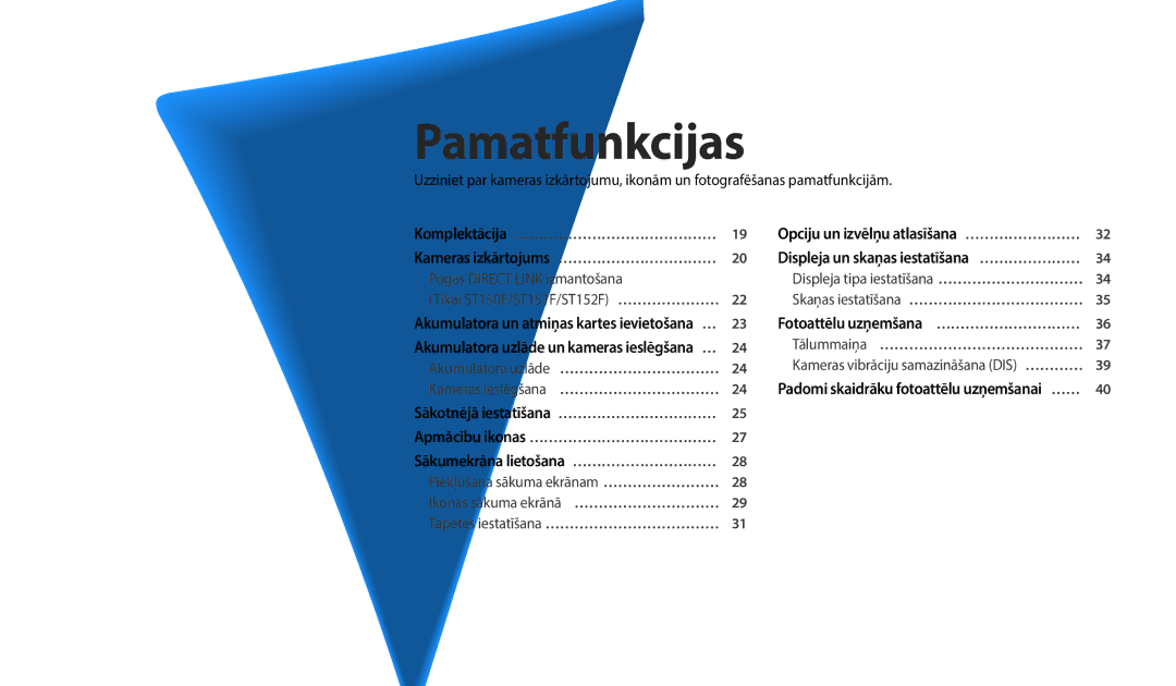 Samsung EC-ST72ZZBPLE2, EC-ST72ZZBPWE2, EC-ST150FBPWE2 manual Pamatfunkcijas, Padomi skaidrāku fotoattēlu uzņemšanai … …… 