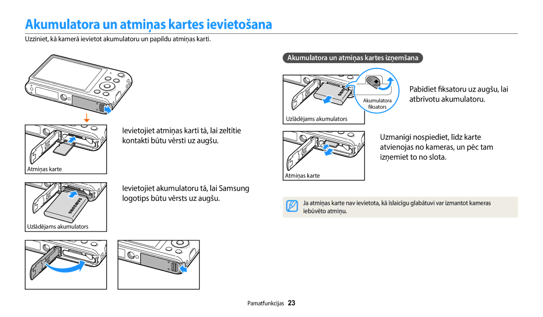 Samsung EC-ST72ZZBPLE2, EC-ST72ZZBPWE2 Akumulatora un atmiņas kartes ievietošana, Akumulatora un atmiņas kartes izņemšana 