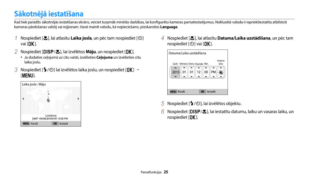 Samsung EC-ST150FBPWE2, EC-ST72ZZBPWE2, EC-ST72ZZBPBE2, EC-ST150FBPBE2, EC-ST72ZZBPLE2 manual Sākotnējā iestatīšana 