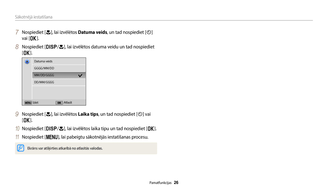 Samsung EC-ST72ZZBPBE2, EC-ST72ZZBPWE2, EC-ST150FBPWE2, EC-ST150FBPBE2, EC-ST72ZZBPLE2 manual Sākotnējā iestatīšana 