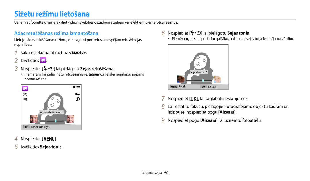 Samsung EC-ST150FBPWE2, EC-ST72ZZBPWE2, EC-ST72ZZBPBE2 manual Sižetu režīmu lietošana, Ādas retušēšanas režīma izmantošana 